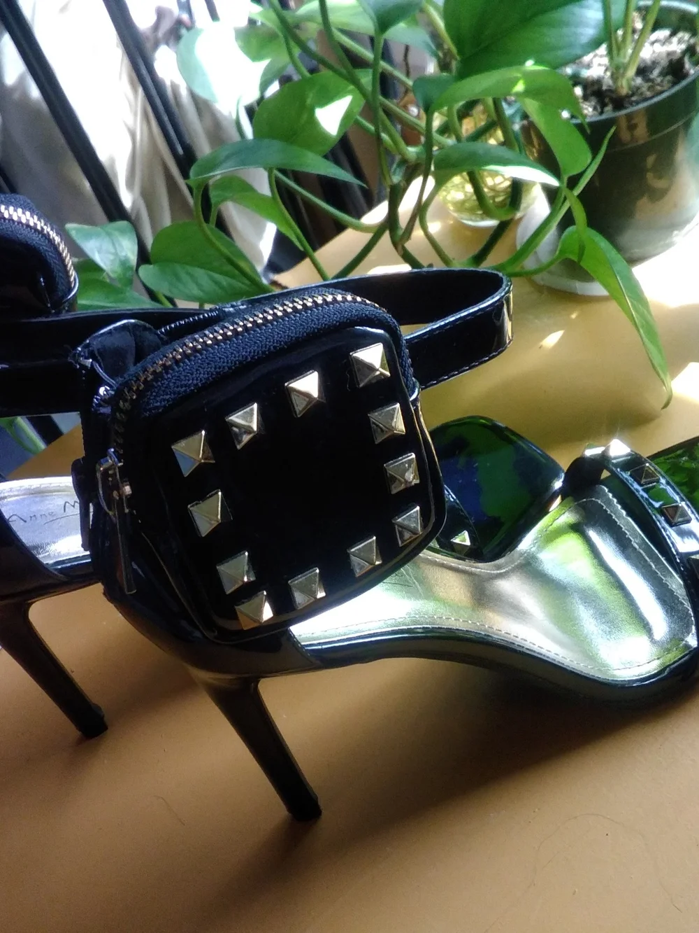 Ann Michell Black Patent Studded Ankle-Strap Heels NWOB